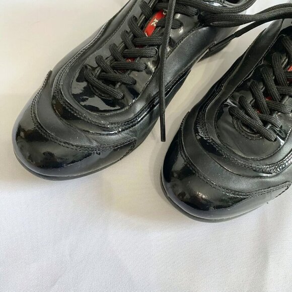 PRADA BLACK PATENT LEATHER TECHNICAL FABRICLACE UP SNEAKERS FOR WOMEN'S - 6 - Picture 7 of 9
